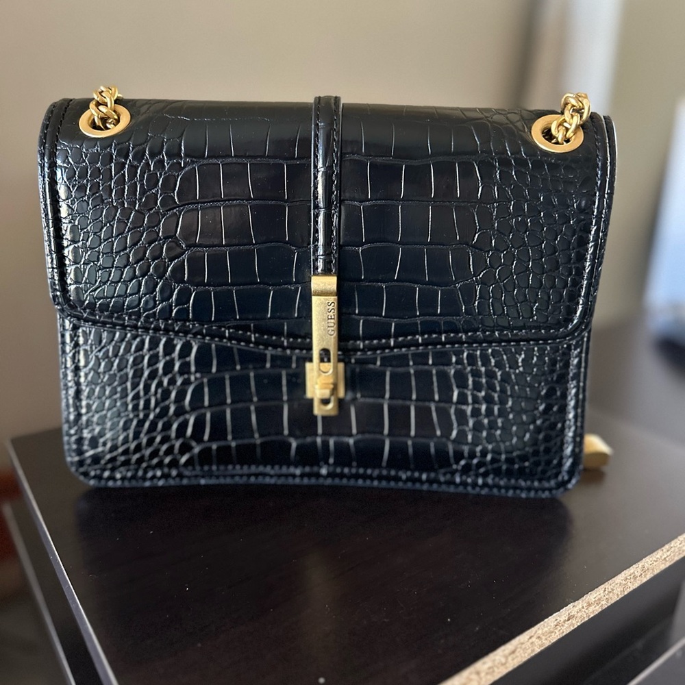 Guess Black Crocodile-Embossed Crossbody Bag